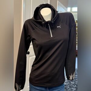 PUMA Womens Black 1/4 Zip Long Sleeve Stretch Pullover Top Nylon Lined Hood XS